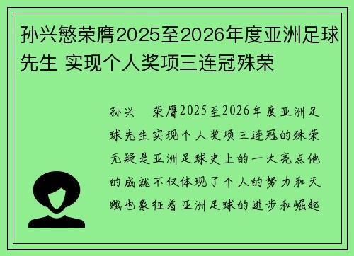 孙兴慜荣膺2025至2026年度亚洲足球先生 实现个人奖项三连冠殊荣
